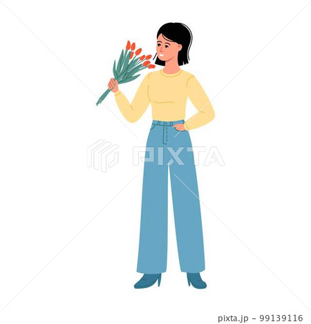 Cute woman holding a bouquet of tulips flowers in her hand. Spring holiday vector illustration in Scandinavian simple style. 99139116