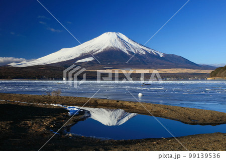 結氷した山中湖と富士山 99139536