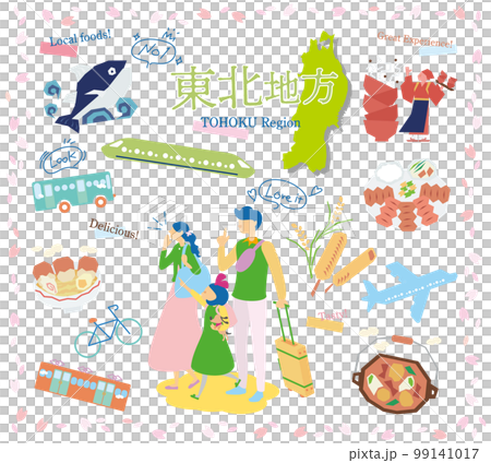 A family of three enjoying spring gourmet sightseeing in the Tohoku region of Japan, a set of icons (flat) A family of three enjoying spring gourmet sightseeing in the Tohoku region of Japan, a set of icons (flat) 99141017