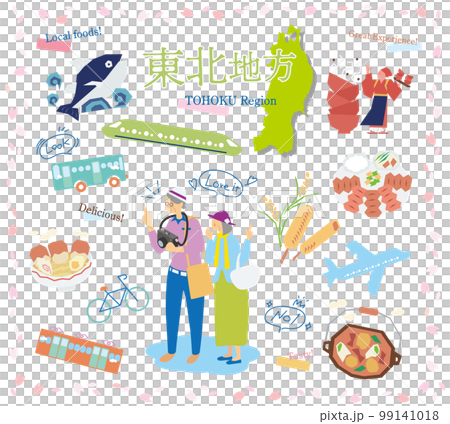 A senior couple enjoying spring gourmet sightseeing in the Tohoku region of Japan, a set of icons (flat) 99141018