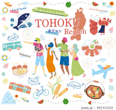 日本の東北地方の夏のグルメ観光を楽しむ観光客、アイコンのセット（フラット） 99141020