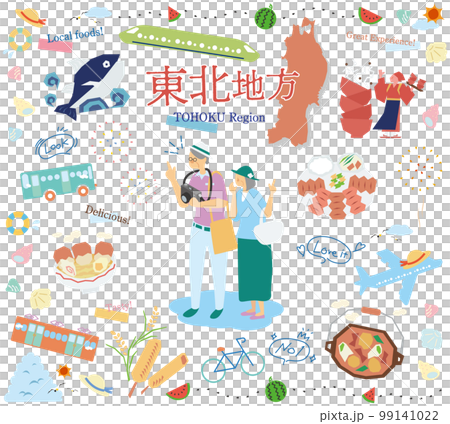 一對老年夫婦在日本東北地區享受夏季美食觀光，一組圖標（平面） 99141022