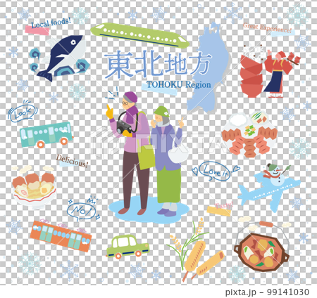 A senior couple enjoying winter gourmet sightseeing in the Tohoku region of Japan, a set of icons (flat) 99141030