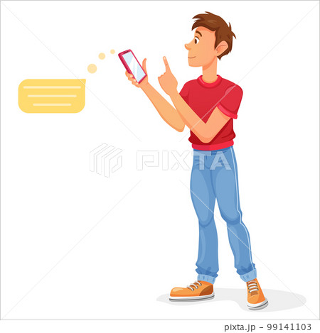 A young man looks and writes a message on a smartphone. Communicate Via Smartphones. Vector cartoon character. Social media concept. 99141103