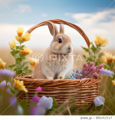 Rabbit sitting in the basket on spring meadow.のイラスト素材 