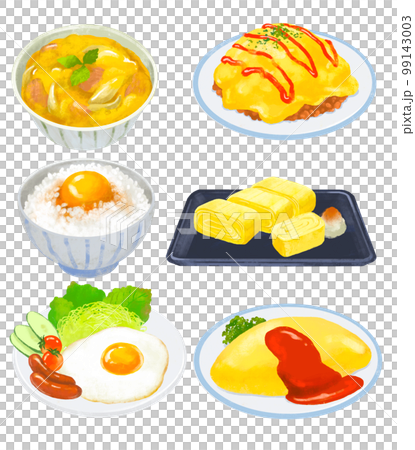 卵料理　イラストセット　オムライス　親子丼　卵かけご飯　卵焼き　目玉焼き 99143003