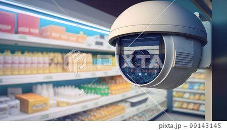 Close-up of the security camera monitoring a convenience store. Generative AI illustration Close-up of the security camera monitoring a convenience store. Generative AI illustration 99143145