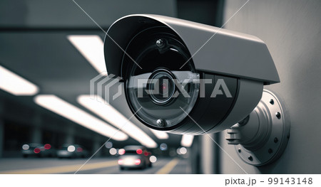 Close-up of a security camera monitoring the cars and traffic flow in a parking garage. Generative AI illustration 99143148
