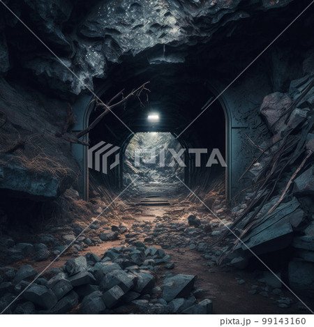 The abandoned mine's dark rubble-filled passage with eerie atmosphere. Generative AI illustration The abandoned mine's dark rubble-filled passage with eerie atmosphere. Generative AI illustration 99143160