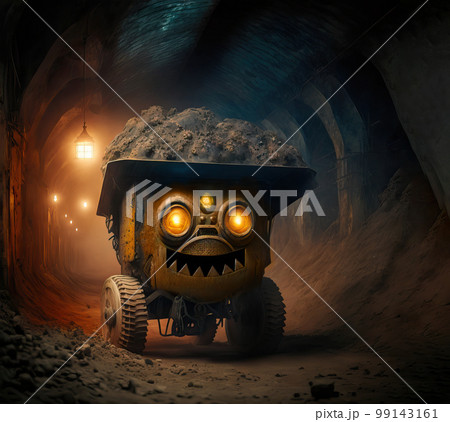 An evil mining cart monster with piercing glowing eyes in dark a An evil mining cart monster with piercing glowing eyes in dark a 99143161