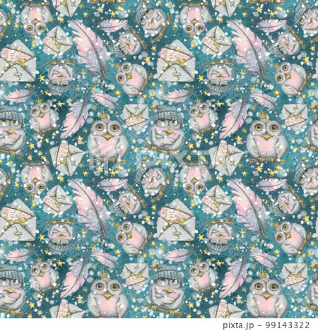 Magic owls, letters, envelopes and feathers. Winter, New Year, Christmas pattern. Watercolor illustration. For fabric, textiles, packaging paper, covers clothing wallpaperwebsites children's Magic owls, letters, envelopes and feathers. Winter, New Year, Christmas pattern. Watercolor illustration. For fabric, textiles, packaging paper, covers clothing wallpaperwebsites children's 99143322