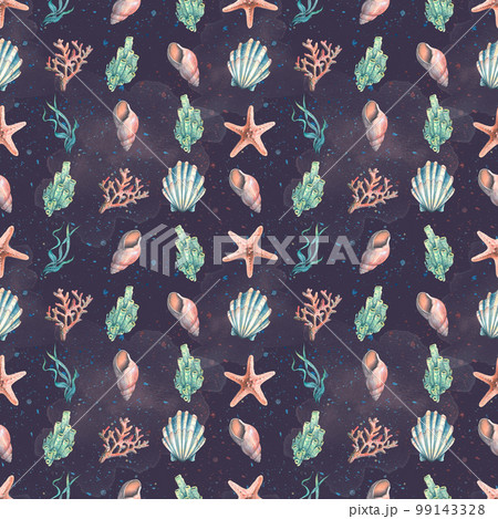Seashells, algae, corals and sea sponges on the background of watercolor spots and splashes. Watercolor illustration. Seamless pattern from the collection of JELLYFISH AND SEAHORSE. For decoration. 99143328