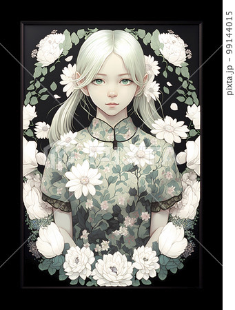 装飾的な花のフレーム　憂いのある表情の少女「AI生成画像」 99144015