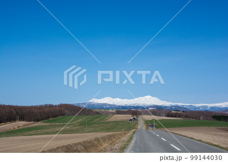 春の丘陵畑作地帯と残雪の山並み　大雪山 99144030
