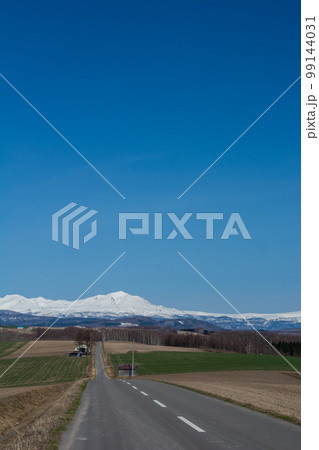 春の丘陵畑作地帯と残雪の山並み　大雪山 99144031