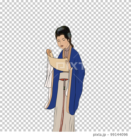 Pictures of ancient Chinese lady, reading the scroll  99144096