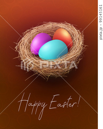Easter brown gorgeous card with colorful eggs in a straw nest Easter brown gorgeous card with colorful eggs in a straw nest 99145161