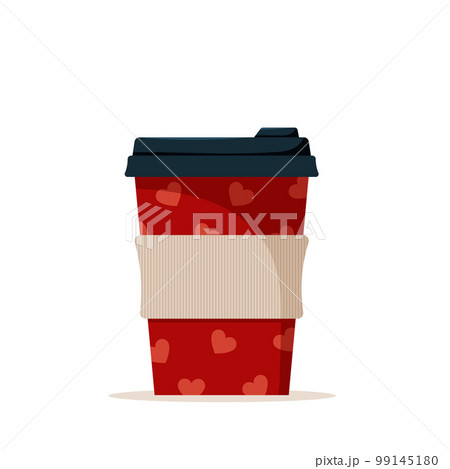Coffee cup. Disposable paper or plastic cup with Valentine's Day design. Vector illustration in flat cartoon style. 99145180