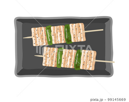 皿に盛り付けられた、豚バラとシシトウガラシの、串焼きのイラスト 皿に盛り付けられた、豚バラとシシトウガラシの、串焼きのイラスト 99145669