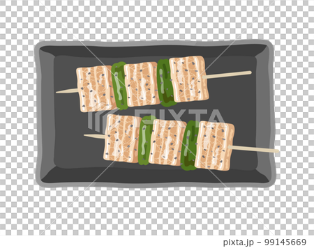 皿に盛り付けられた、豚バラとシシトウガラシの、串焼きのイラスト 皿に盛り付けられた、豚バラとシシトウガラシの、串焼きのイラスト 99145669