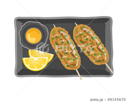 皿に盛り付けられた、つくねの串焼きと生卵のイラスト 99145670