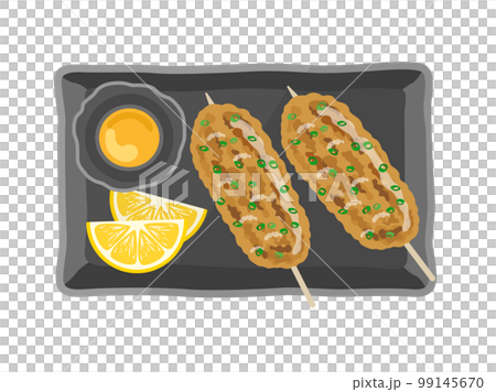 皿に盛り付けられた、つくねの串焼きと生卵のイラスト 99145670