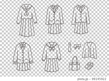 信頼も厚い 女子の制服の手描きイラストセット（モノクロ）のイラスト素材 手描きイラスト