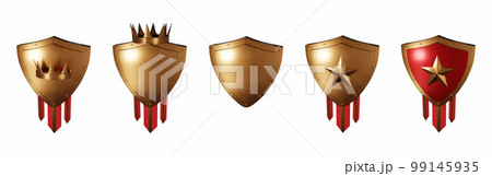 3D bronze shield set, level up game badge, realistic metal render trophy, medieval royal award kit. 3D bronze shield set, level up game badge, realistic metal render trophy, medieval royal award kit. 99145935