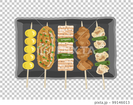 皿に盛り付けられた、焼き鳥セットのイラスト 99146013