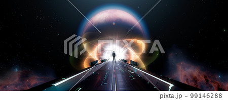 Dark abstract Sci Fi path with Outer Space and Planet in background. Man Standing 99146288