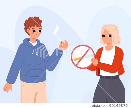 Stop smoking, smoker and anti cigarettes teeneger. Healthy or unhealthy lifestyle. Tobacco drugs addiction, world antitobacco day snugly vector scene 99146376