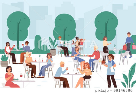 Popular summer outdoor cafe. Young adults, couple and teens, family sitting in restaurant, eating and drinking. Waiter on work, people shopping, vector scene Popular summer outdoor cafe. Young adults, couple and teens, family sitting in restaurant, eating and drinking. Waiter on work, people shopping, vector scene 99146396