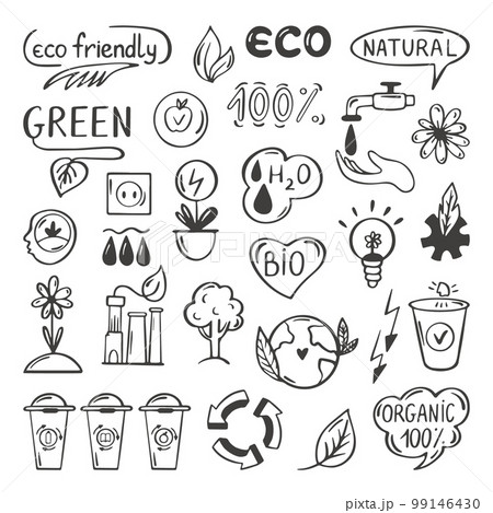 Eco doodle set. Ecology energy and electricity doodles. Environmental saving sketch elements. Green and recycle, neoteric bio nature vector hand drawn clipart 99146430