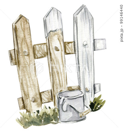 Watercolor hand drawn wooden fence half painted with green grass and bucket with paint in it.  Cute hand painted  illustration for greeting cards, prints, souvenirs,post cards. Illustartion isolated . 99146440