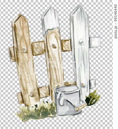 Watercolor hand drawn wooden fence half painted with green grass and bucket with paint in it.  Cute hand painted  illustration for greeting cards, prints, souvenirs,post cards. Illustartion isolated . 99146440