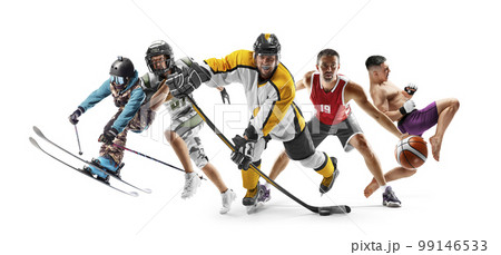 Sport in action. Skiing, american football, hockey, basketball, MMA. Sport emotion. Professional athletes. Sport collage. Isolated in white Sport in action. Skiing, american football, hockey, basketball, MMA. Sport emotion. Professional athletes. Sport collage. Isolated in white 99146533