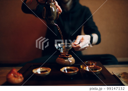 Chinese traditional puerh tea ceremony. Shepherd, chahay and gaiwan Chinese traditional puerh tea ceremony. Shepherd, chahay and gaiwan 99147132