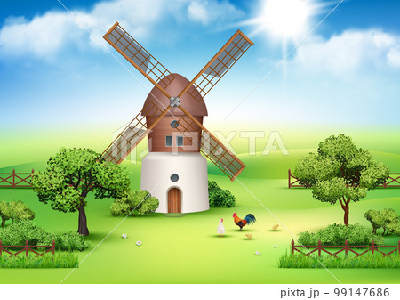 Windmill. Realistic outdoor background with windmill hills and grass field decent vector template 99147686
