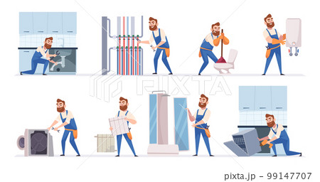 Plumber working. Repair man service fixing washing machine and home appliances exact vector cartoon pictures Plumber working. Repair man service fixing washing machine and home appliances exact vector cartoon pictures 99147707