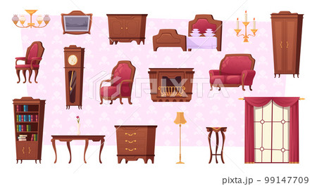 Vintage furniture. Old style collection interior tools shelves sofas armchairs and bookcases exact vector cartoon pictures set 99147709