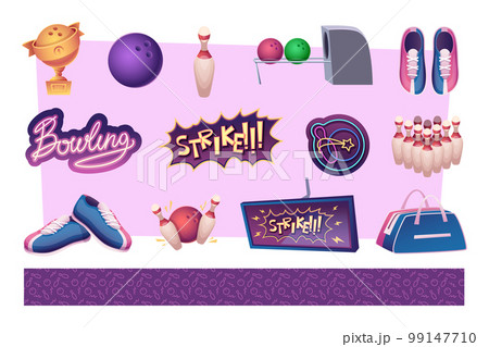 Bowling equipments. Accessories for bowling game chair skittle score monitor sneakers balls exact vector pictures in cartoon style 99147710