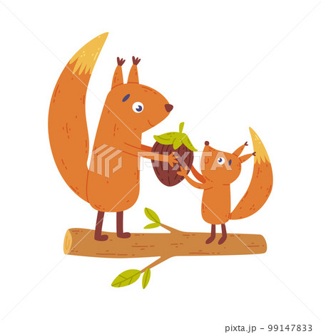 Cute squirrel family. Animal parent giving hazelnut to baby. Happy parenthood cartoon vector illustration 99147833