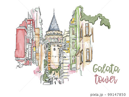 A hand drawn watercolor sketch of Galata Tower, Istanbul, Turkey. A famous sightseeing of Turkey 99147850