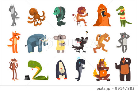Wild animals using modern electronic devices set. Wolf, octopus, lion, koala, elephant, horse, bear, monkey animals using smartphone, tablet PC and smart watch vector illustration 99147883