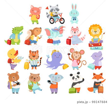 Cute Animals Tourist or Travellers with Trunk, Camera and Backpack Hiking Big Vector Set 99147884