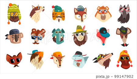 Set of hipster animals. Funny owl, cat, dog, fox, wolf, koala, shark, elephant wearing sunglasses and cap vector illustration 99147902
