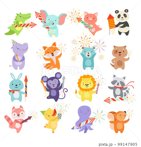 Cute Animal with Fireworks Enjoying Holiday Celebration Big Vector Set 99147905