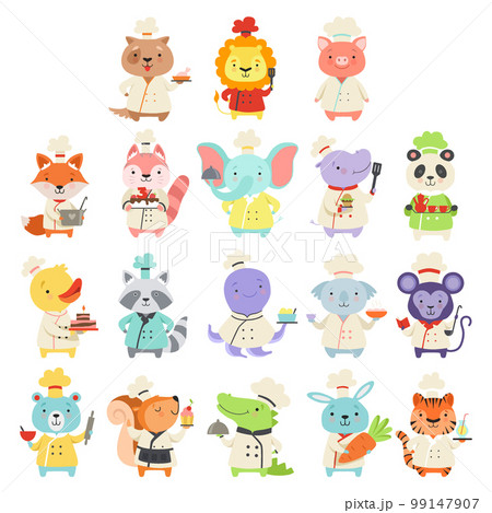 Cute Animals in Chef Uniform Cooking Delicious Dishes Big Vector Set 99147907