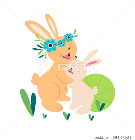 Hare family. Cute mom hare hugging her leveret cartoon vector illustration 99147928