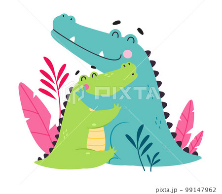 Crocodile family. Cute mom alligator hugging her baby cartoon vector illustration Crocodile family. Cute mom alligator hugging her baby cartoon vector illustration 99147962